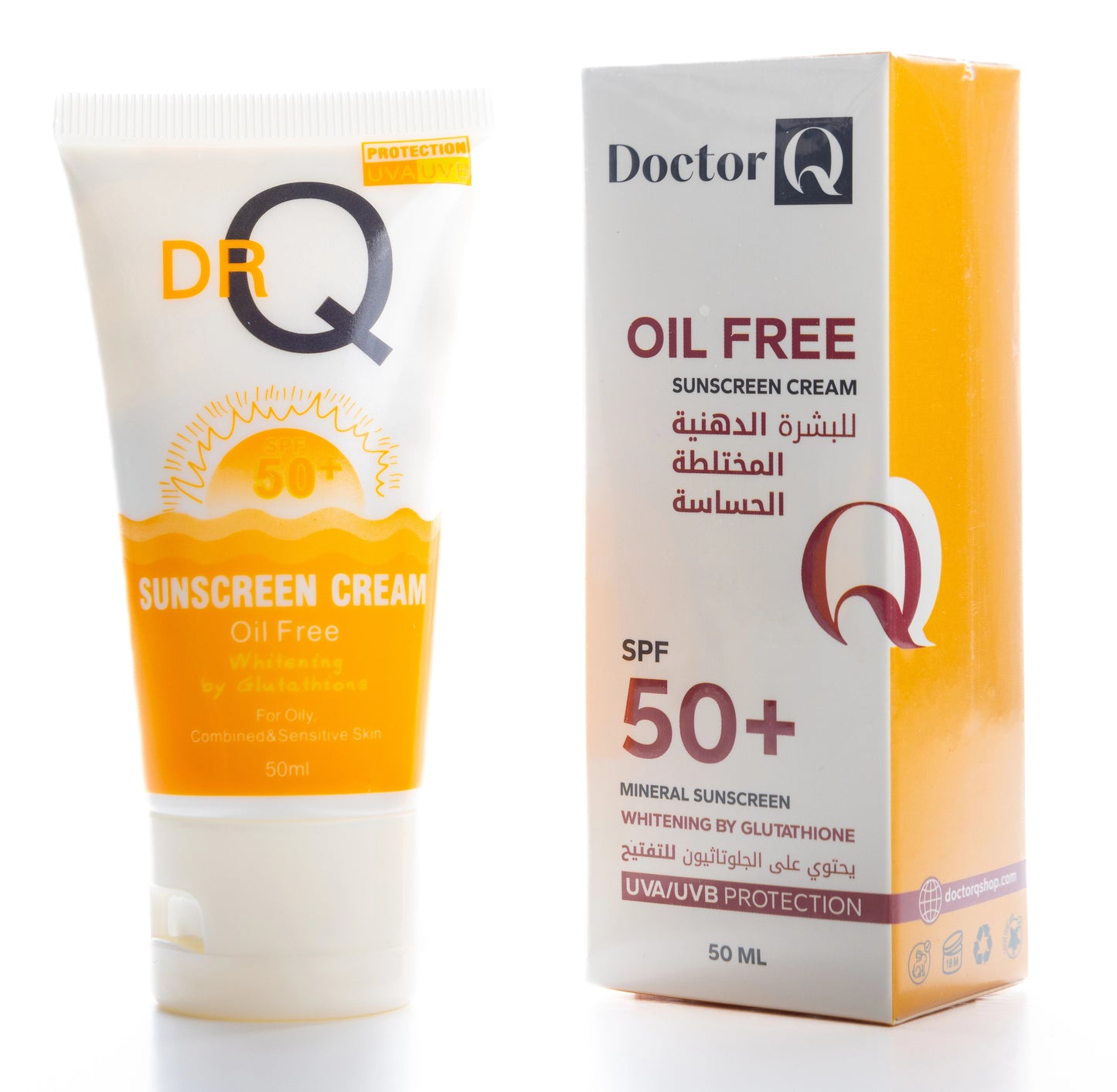DR Q Oil-Free Sunscreen Cream SPF 50+ Whitening by Glutathione For Oily, Combination And Sensitive Skin 50 Ml 1+1 Offer Pack