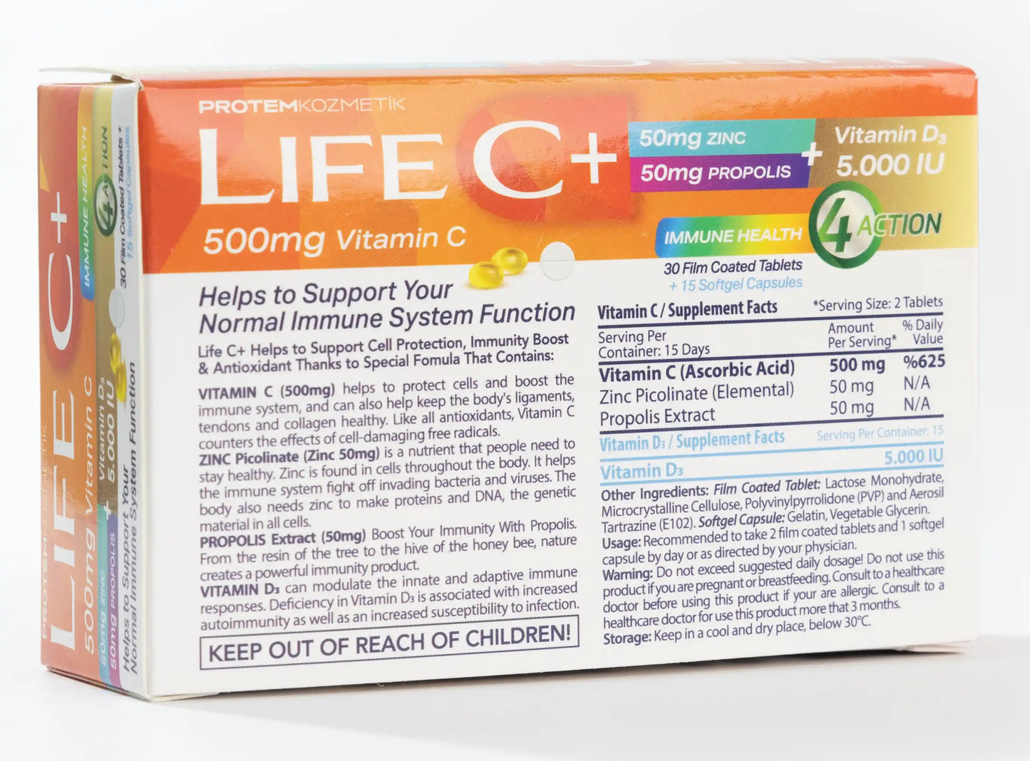 Life C+ 4 Action[Vitamin C+Vitamin D+Zinc+Propolis] 30 Tablets + 15 Softgel Capsules