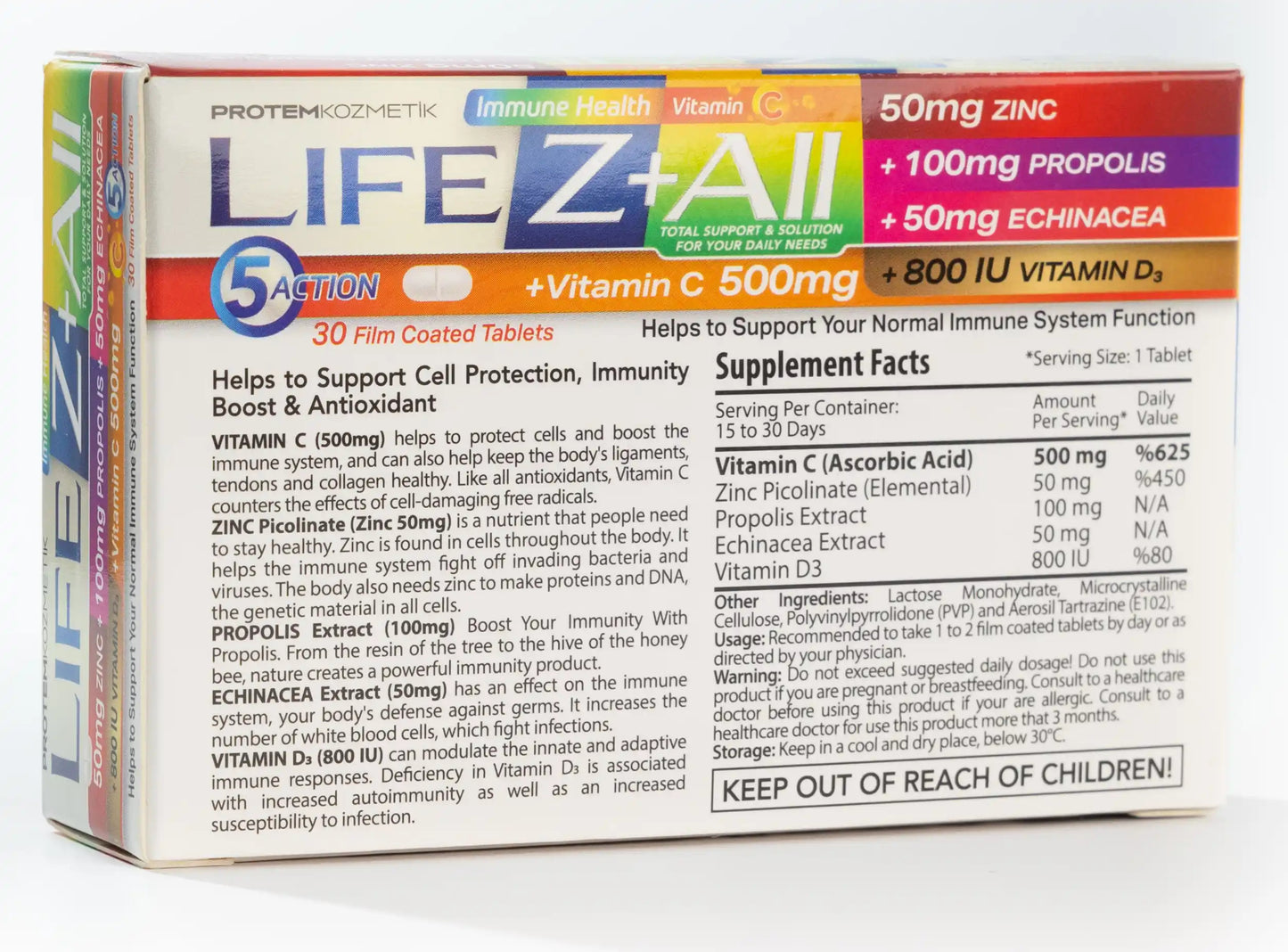 Life Z + All [Vitamin C+Vitamin D3+Zinc+Propolis+Echnicea]30 Tablets