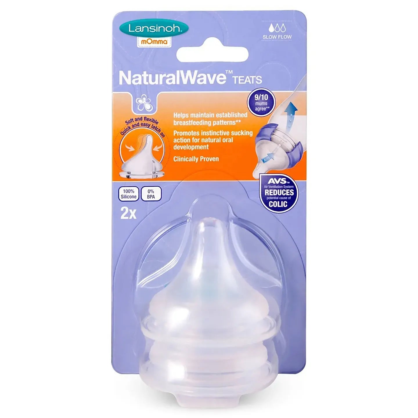 Lansinoh Natural Wave Teats Slow Flow [S] 1+ Months 2 Pieces