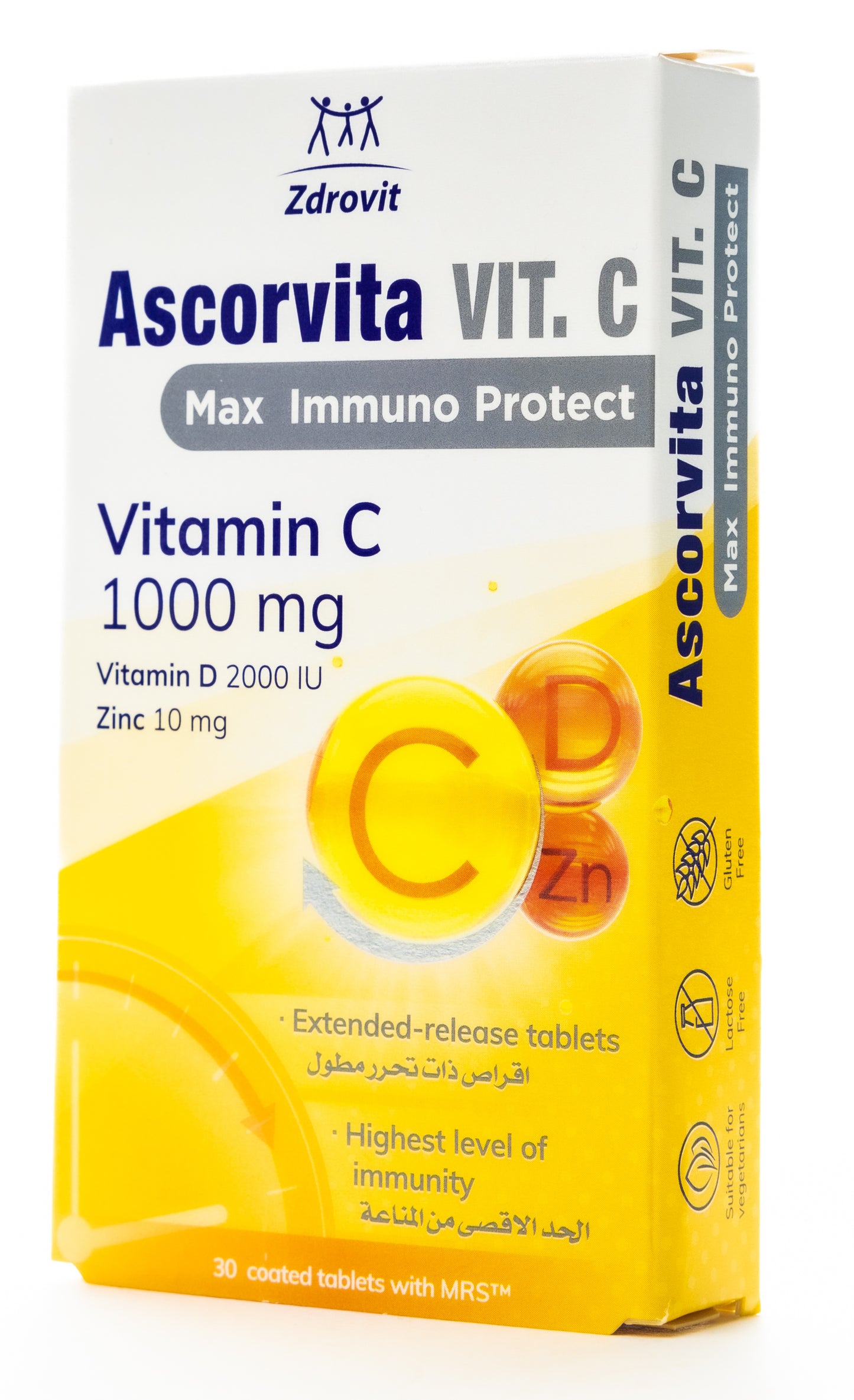 Zdrovit Ascorvita Vit.C Vitamin-C 1000 mg + Vitamin-D 2000 IU & Zinc 10 mg 30 Tablets