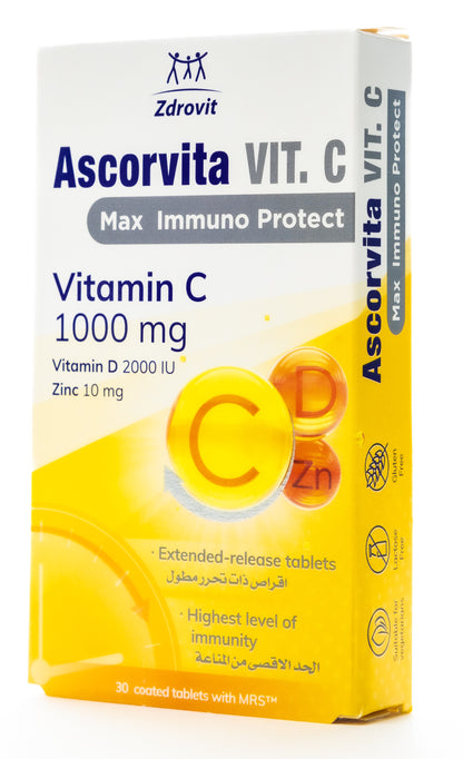 Zdrovit Ascorvita Vit.C Vitamin-C 1000 mg + Vitamin-D 2000 IU & Zinc 10 mg 30 Tablets