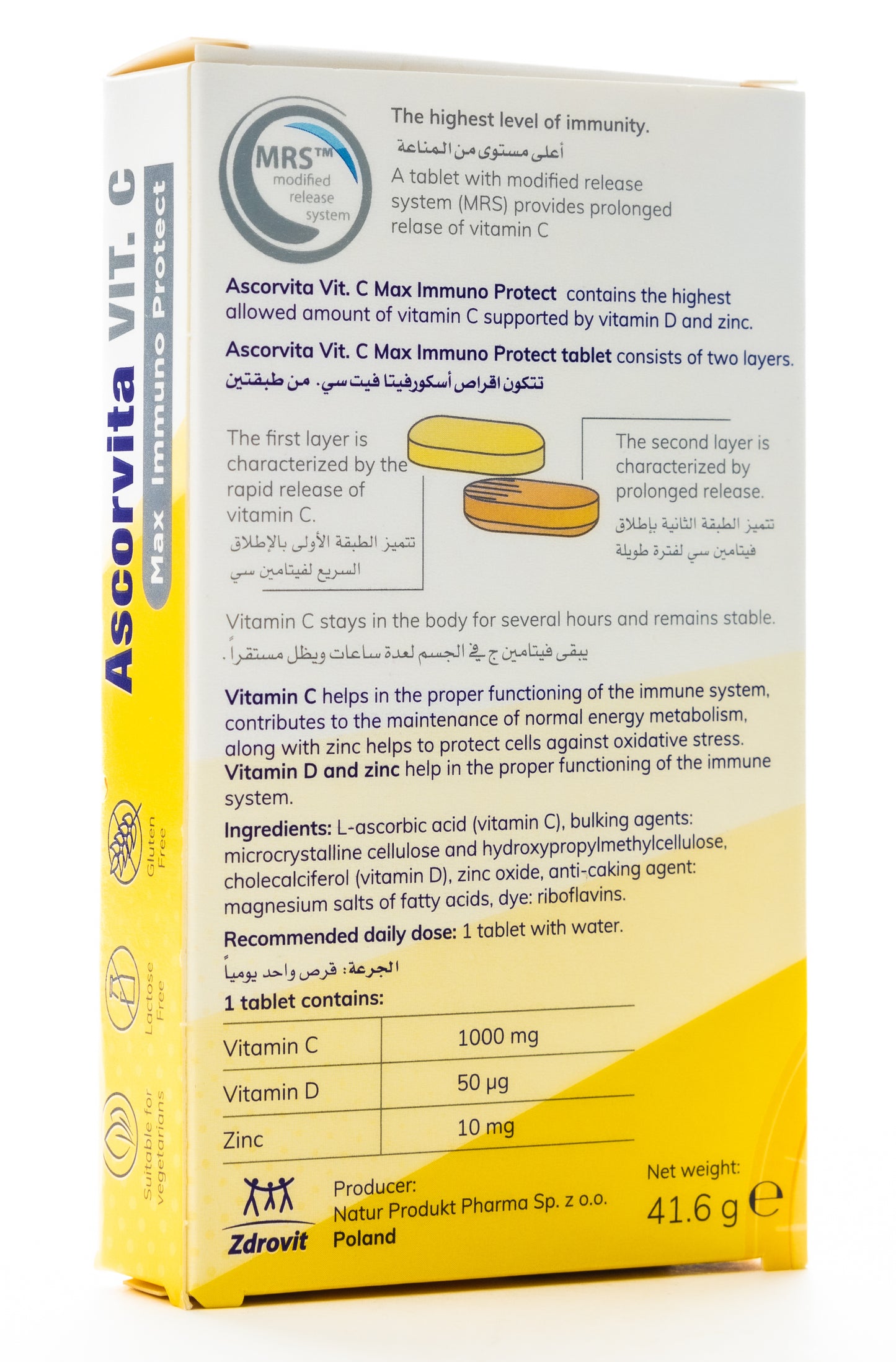 Zdrovit Ascorvita Vit.C Vitamin-C 1000 mg + Vitamin-D 2000 IU & Zinc 10 mg 30 Tablets
