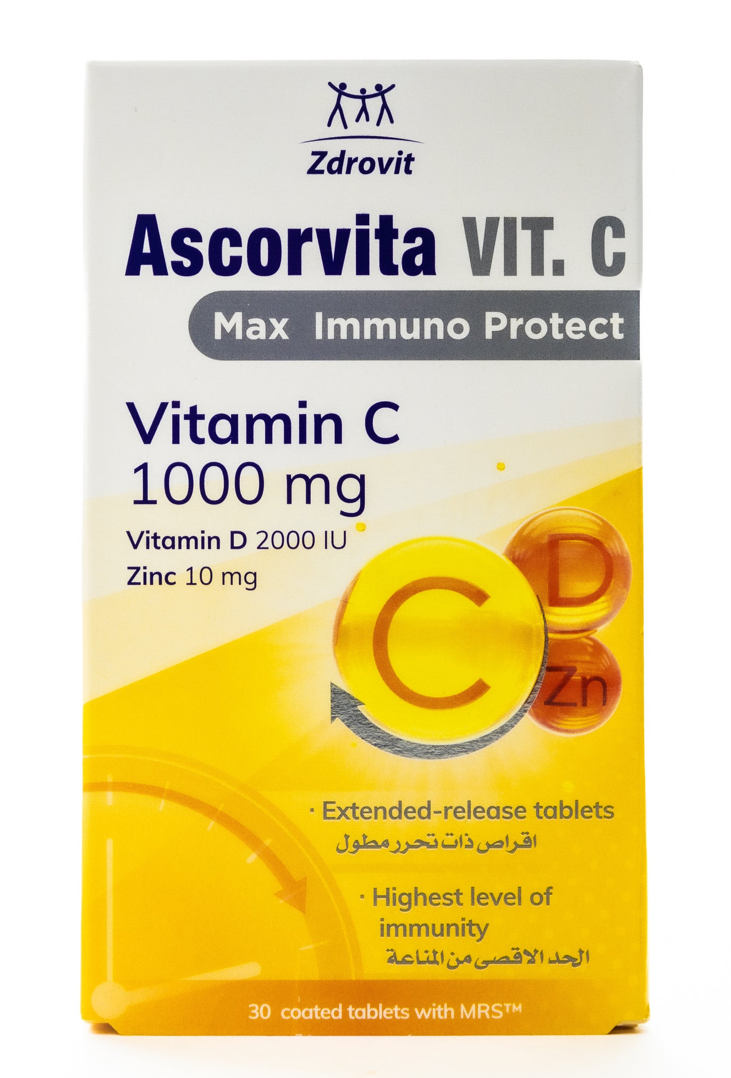 Zdrovit Ascorvita Vit.C Vitamin-C 1000 mg + Vitamin-D 2000 IU & Zinc 10 mg 30 Tablets