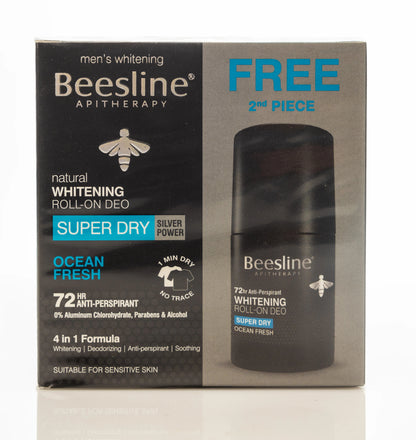Beesline 72 Hours Men Whitening Roll On Deo Super Dry Silver Power Ocean Fresh 50 Ml 1+1 Offer Pack