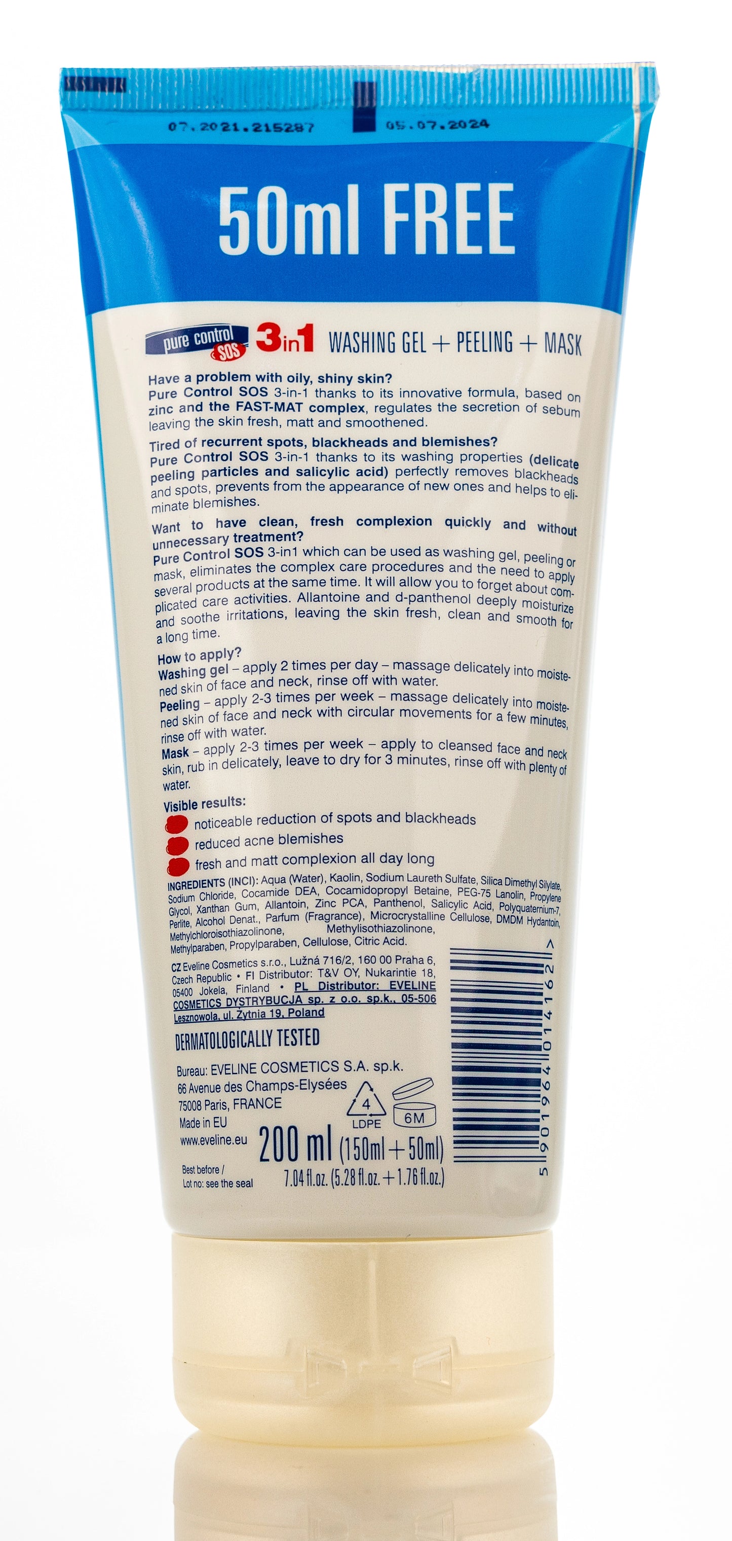 Eveline Pure Control SOS 3-in-1 Washing Gel + Peeling + Mask 200 Ml