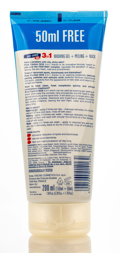 Eveline Pure Control SOS 3-in-1 Washing Gel + Peeling + Mask 200 Ml