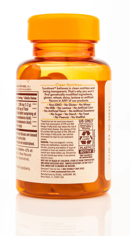 Sundown Odorless Fish Oil 1290mg [Omega-3 900 mg] 72 Softgels