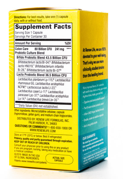 RenewLife Ultimate Flora Colon Care 80 Billion Live Cultures-12 Probiotic Strains 30 Capsules