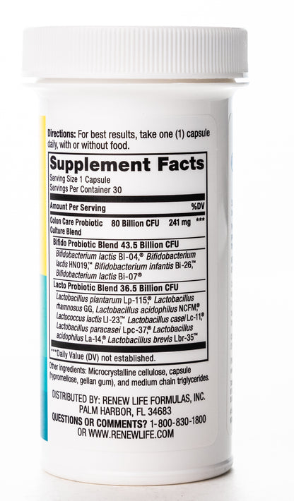 RenewLife Ultimate Flora Colon Care 80 Billion Live Cultures-12 Probiotic Strains 30 Capsules
