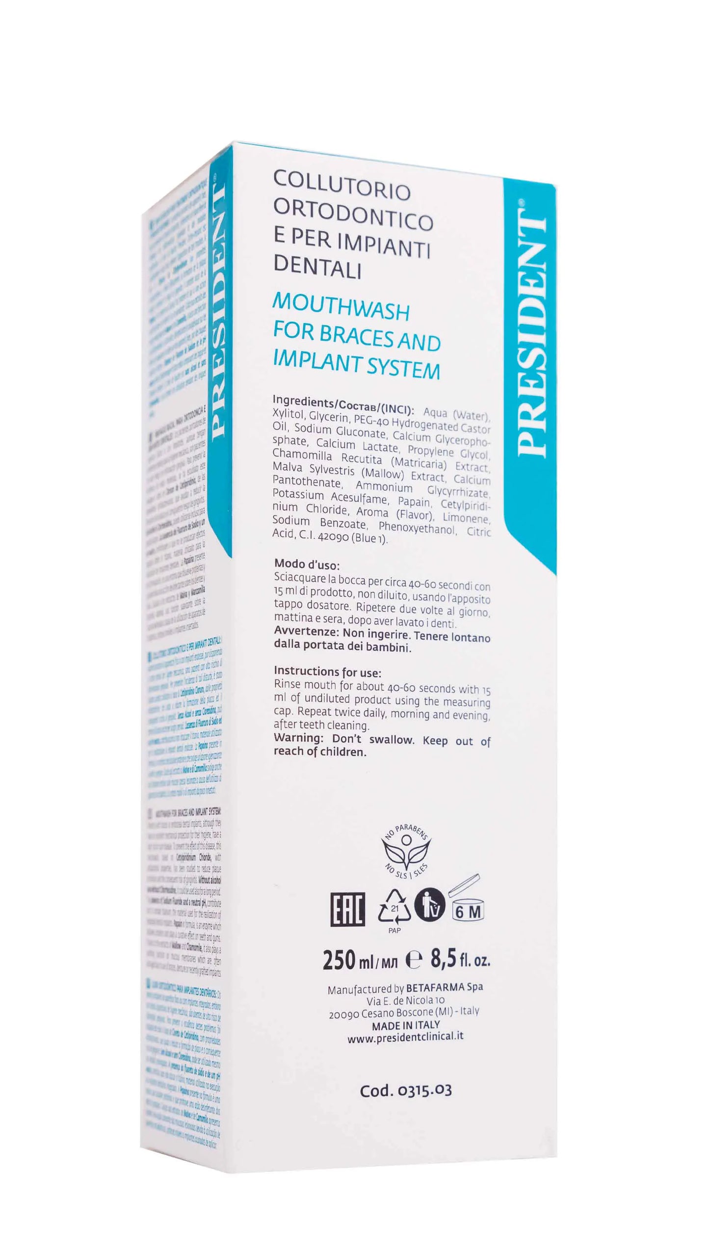 President Daily Clean Ortho Implant Mouthwash 250ml