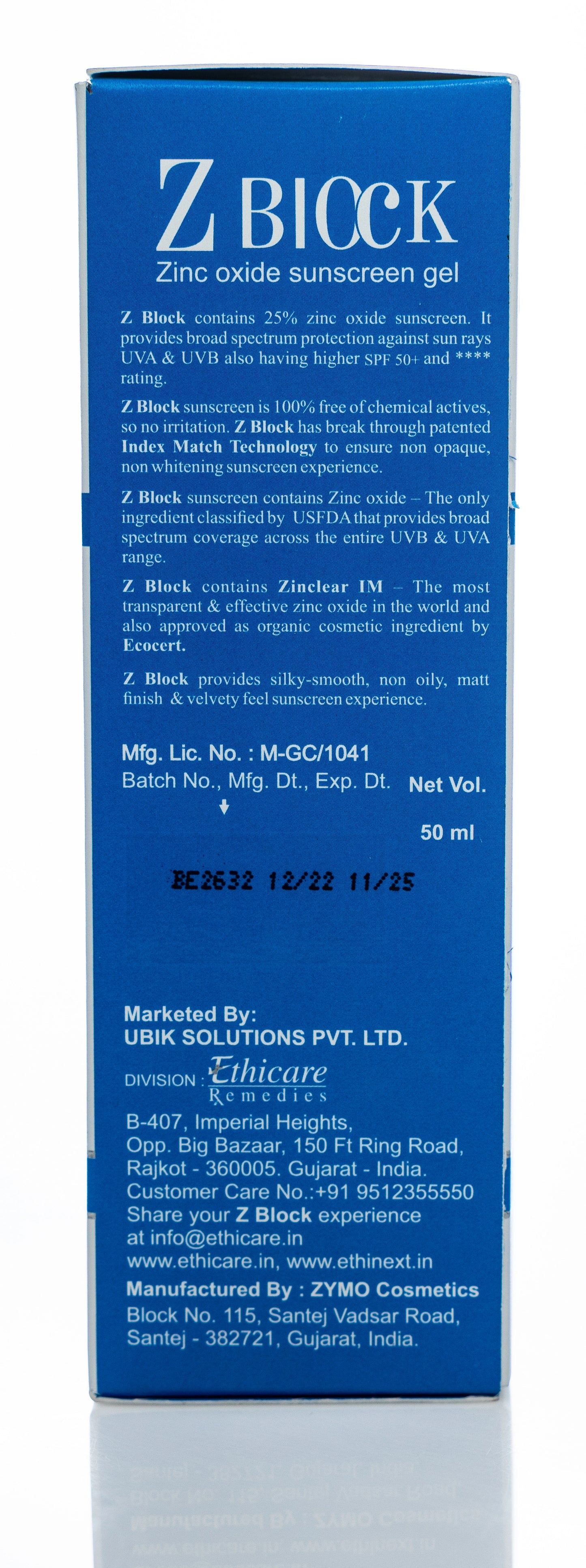 Zblock UVB SPF 50+ Sunscreen Gel 50 ml