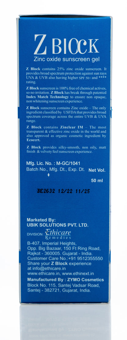 Zblock UVB SPF 50+ Sunscreen Gel 50 ml