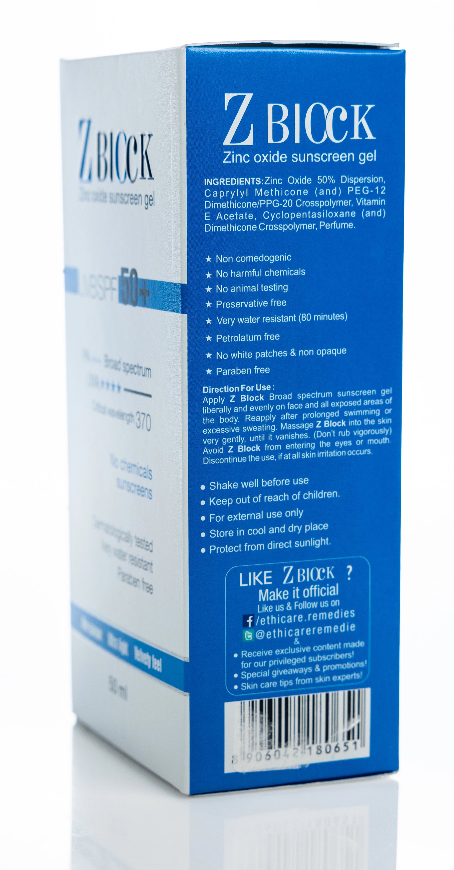 Zblock UVB SPF 50+ Sunscreen Gel 50 ml