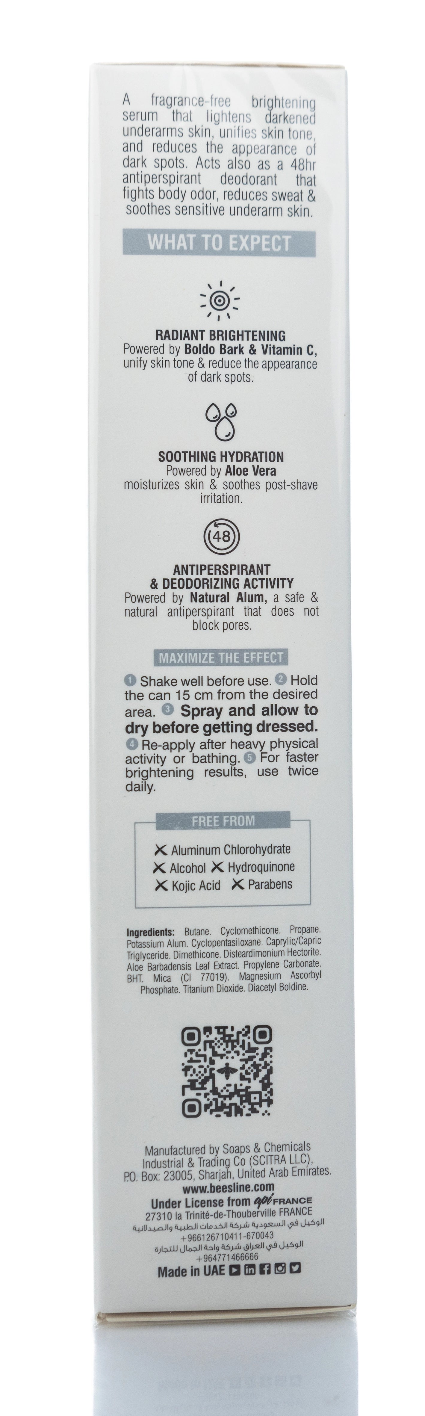 Beesline 48 Hours Radiant Bright Underarm Deo Serum With Vit C Fragrance Free Spray 150 Ml