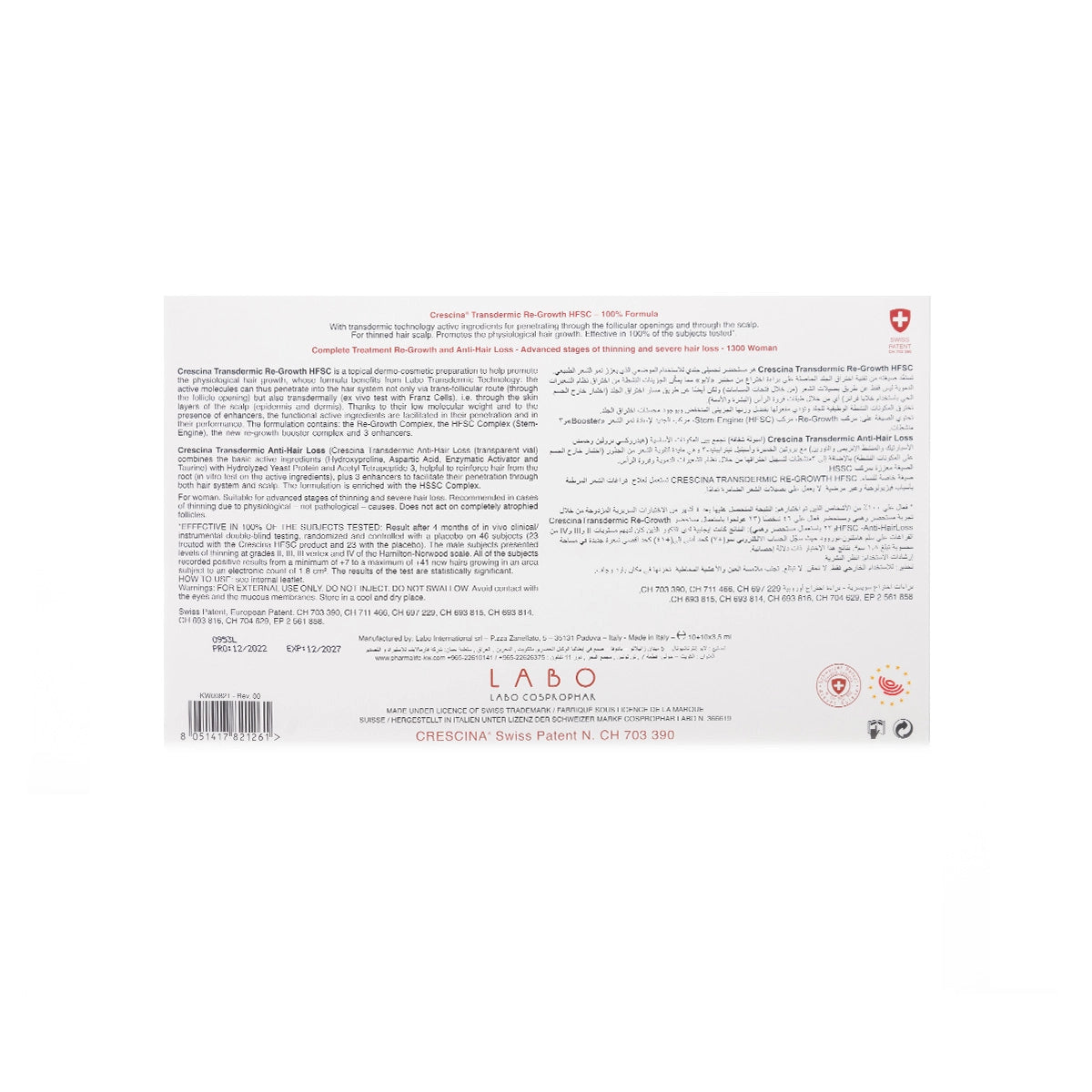 Crescina HFSC Transdermic Re-Growth Thinnig & Hair Subject To Fall [Woman-1300] 10+10 Vials  x 3.5 Ml