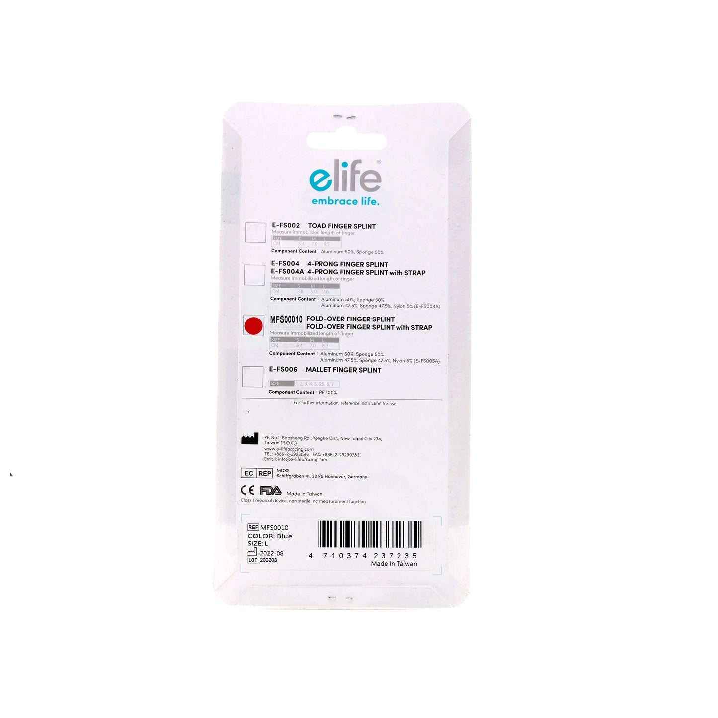 E-Life Fold-Over Finger Splint With Strap [Large]